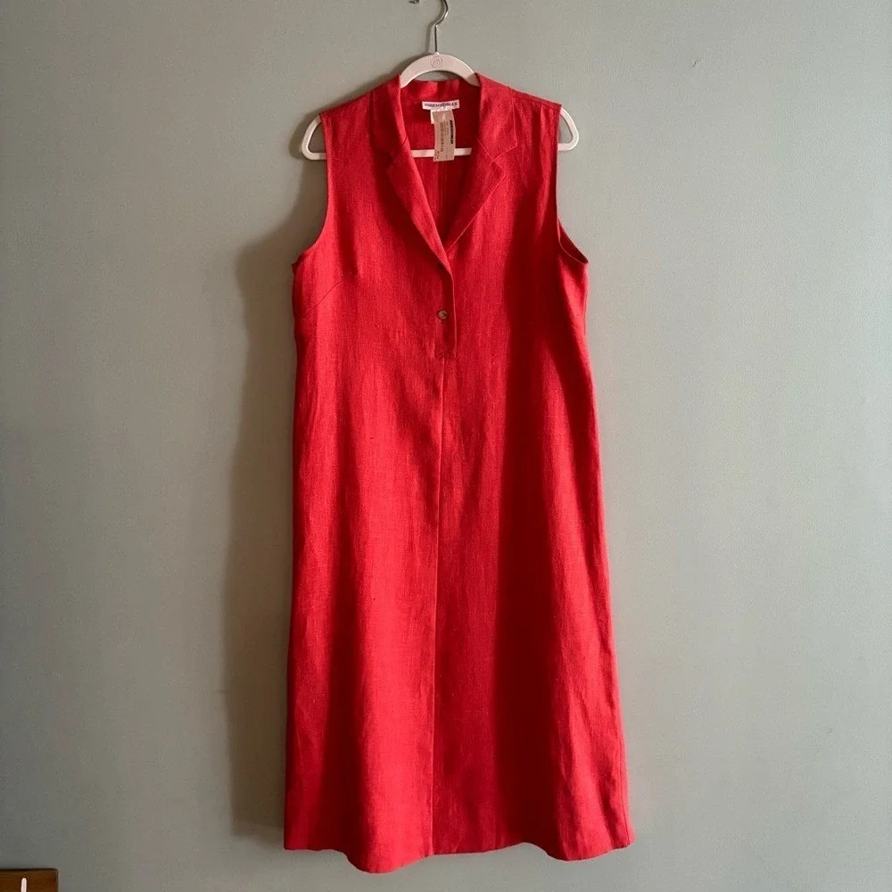Sleeveless Red Linen Shift Dress - Classic Collared Design - Picture 10 of 10